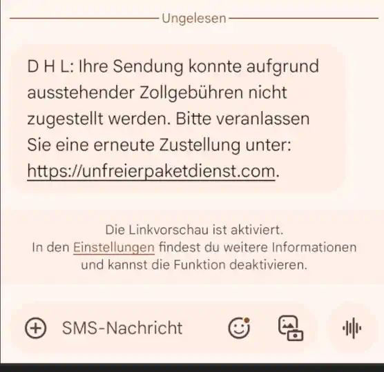 Fake DHL Nachricht unfreierpaketdienst